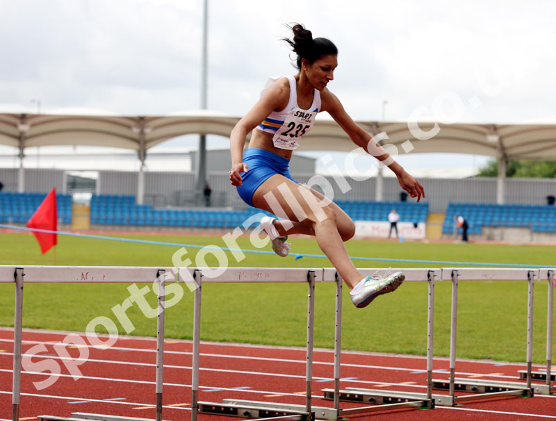 Nisha Desai (Trafford AC) winner of the senior womens 400 metres hurdles, Northern Championships, Sport City, Manchester